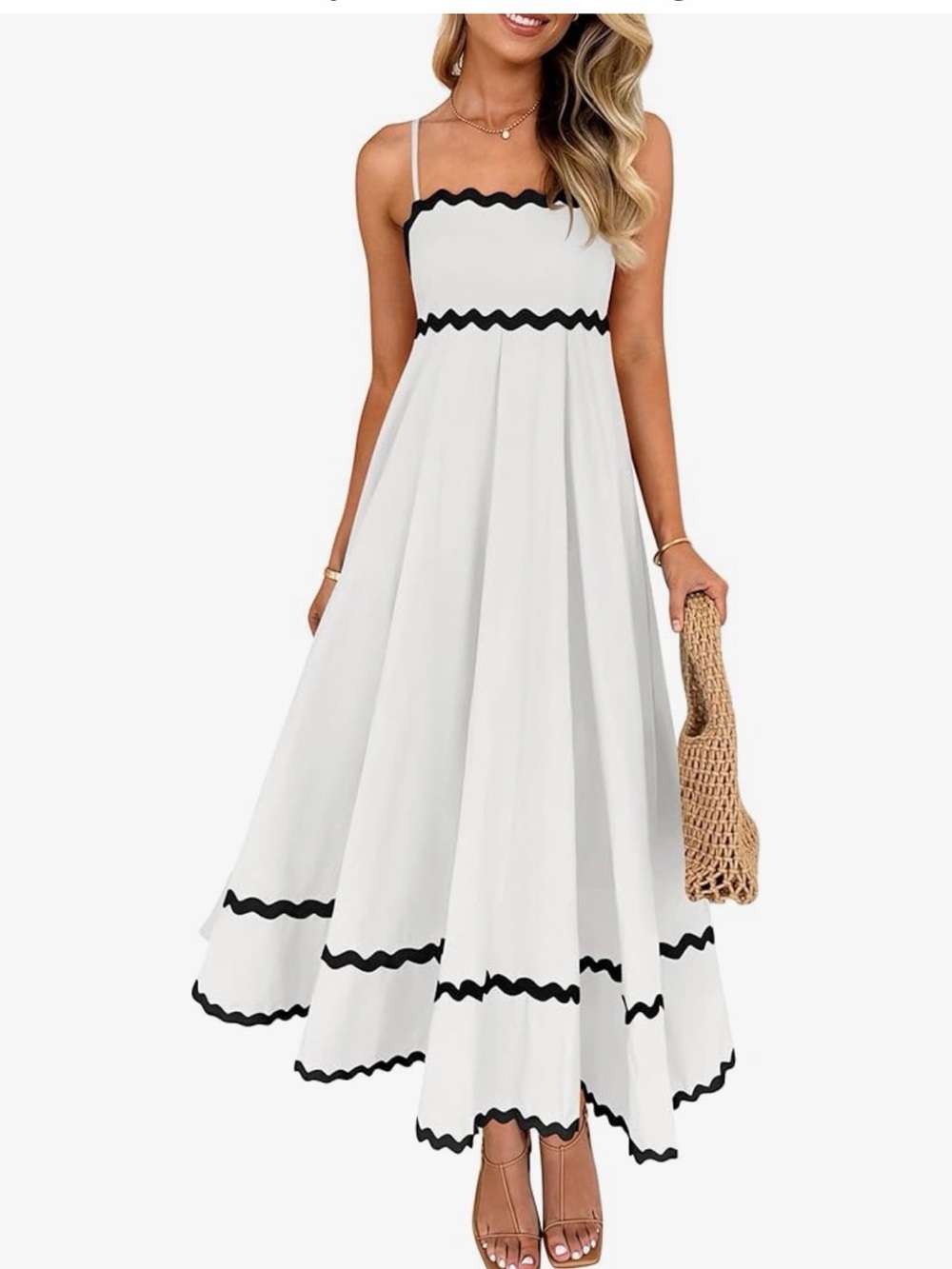 White Spaghetti Strap Maxi Dress with Black Trim